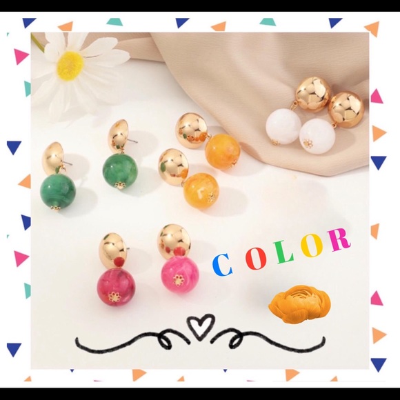 NEW! Colorful Ball Earrings. Available in Pink, Green, White, Yellow. - Picture 3 of 8